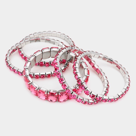 5PCS Pink Emerald Cut Round Stone Stretch Evening Bracelets - Picture 7 of 7